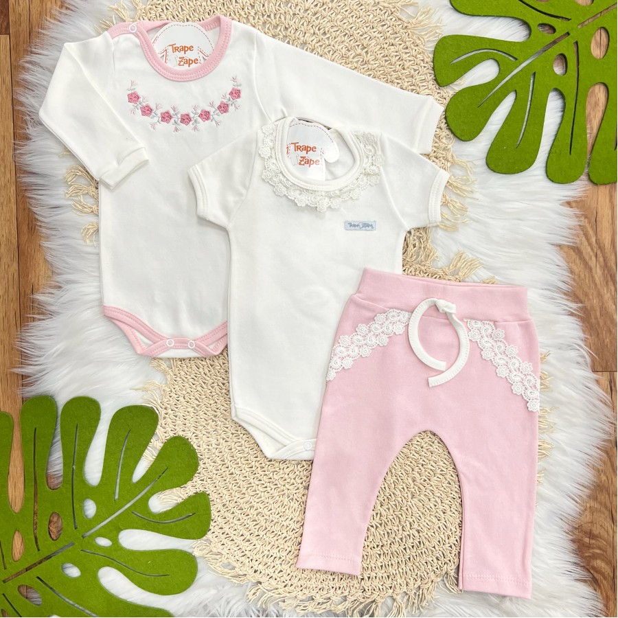 CONJ. DE MALHA 3 PEÇAS - Ramo Florido Rosa - Off White e Rosa
